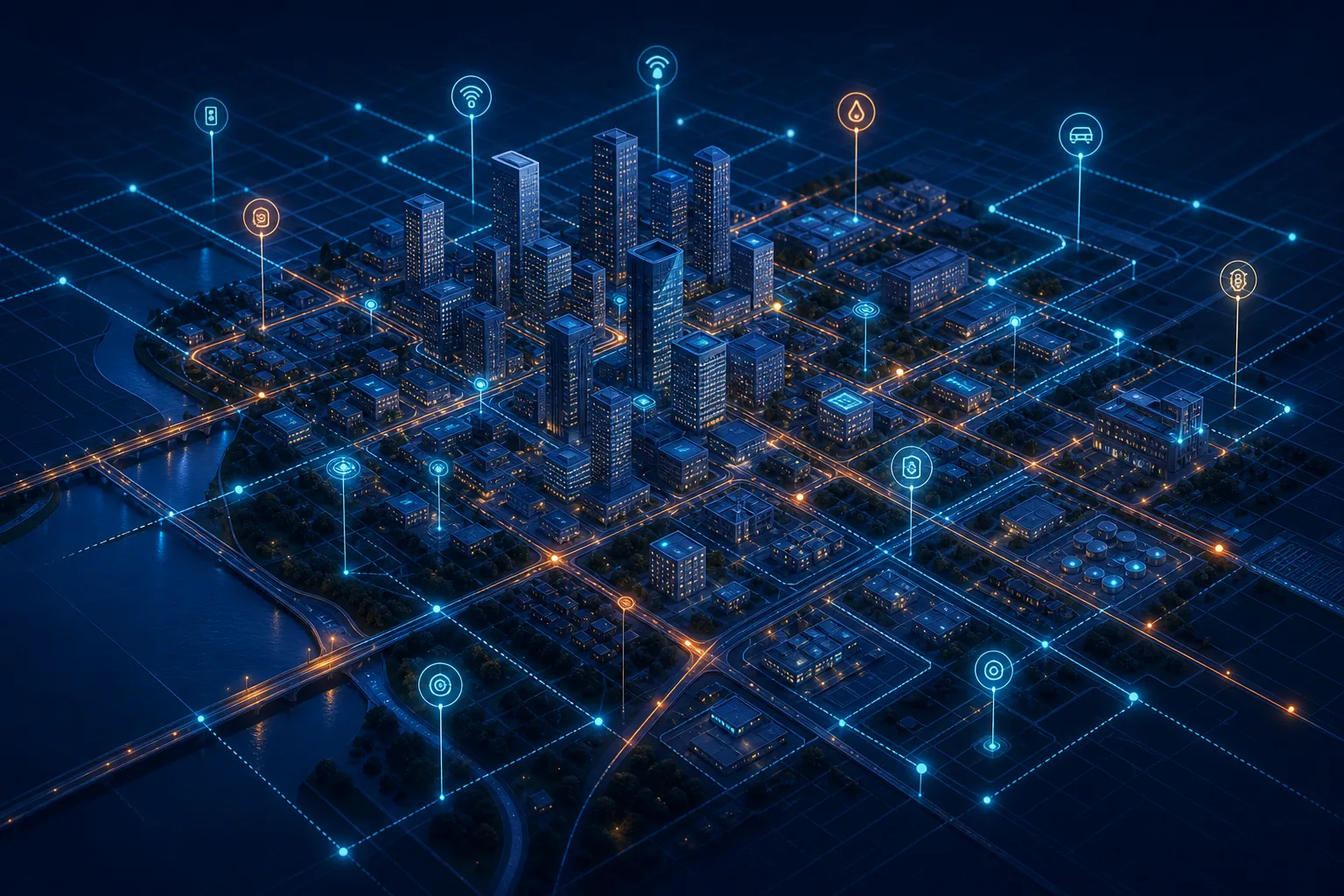 Generated illustration of a connected smart-city operating system